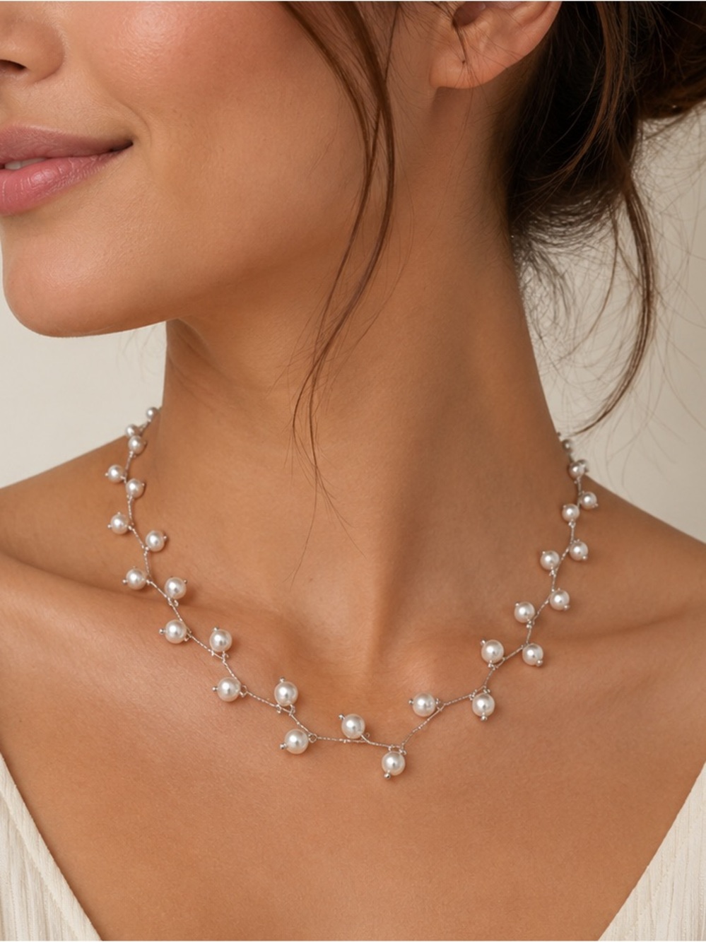 Elegant Silver Pearl Cluster Necklace - White Pearls